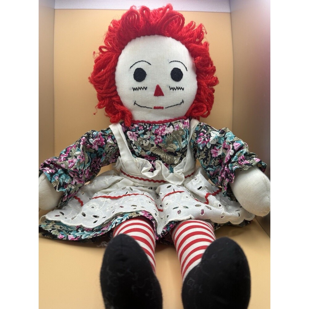 Vintage Raggedy Ann Doll Floral Dress Red Yarn Hair
